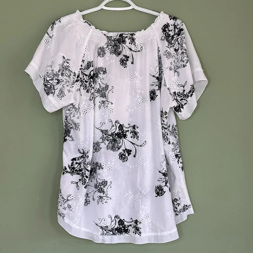 Dressbarn Floral Eyelet Top 1X Puff Sleeve Fairy Bloomcore Boho Cotton - Picture 2 of 8